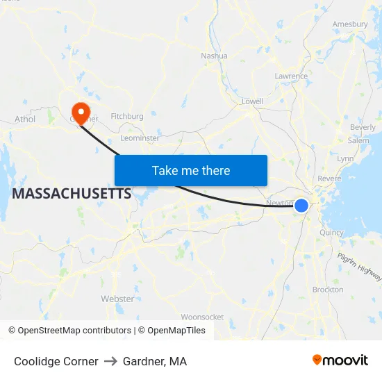 Coolidge Corner to Gardner, MA map