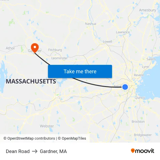Dean Road to Gardner, MA map