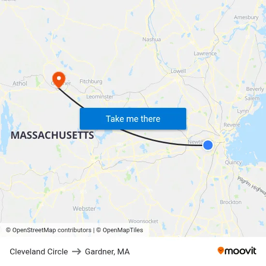 Cleveland Circle to Gardner, MA map