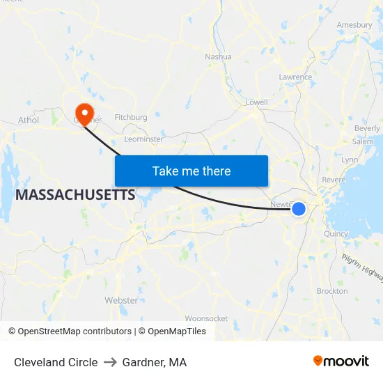 Cleveland Circle to Gardner, MA map