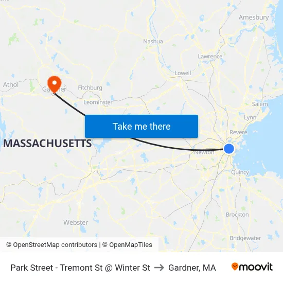 Park Street - Tremont St @ Winter St to Gardner, MA map