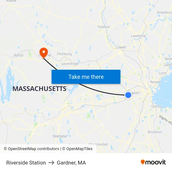 Riverside Station to Gardner, MA map