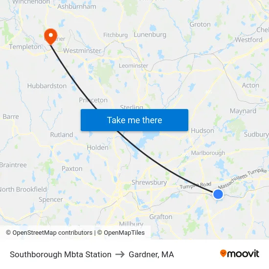 Southborough Mbta Station to Gardner, MA map