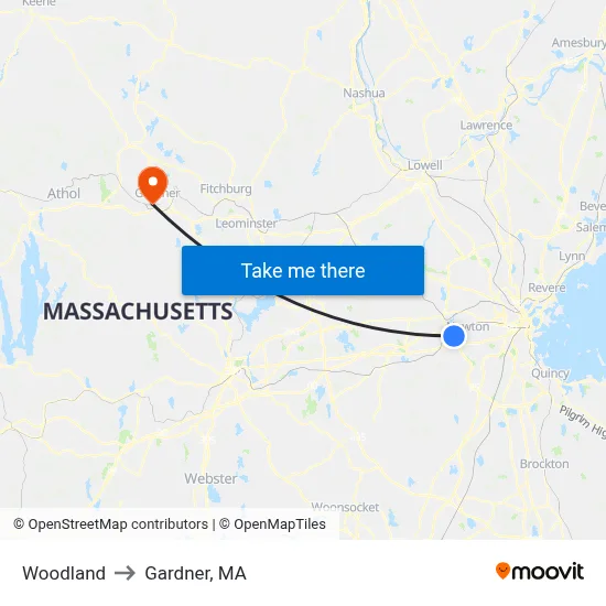 Woodland to Gardner, MA map