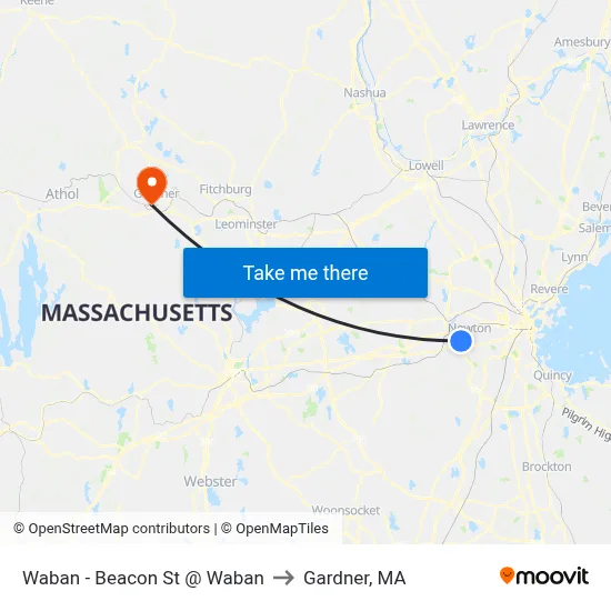 Waban - Beacon St @ Waban to Gardner, MA map