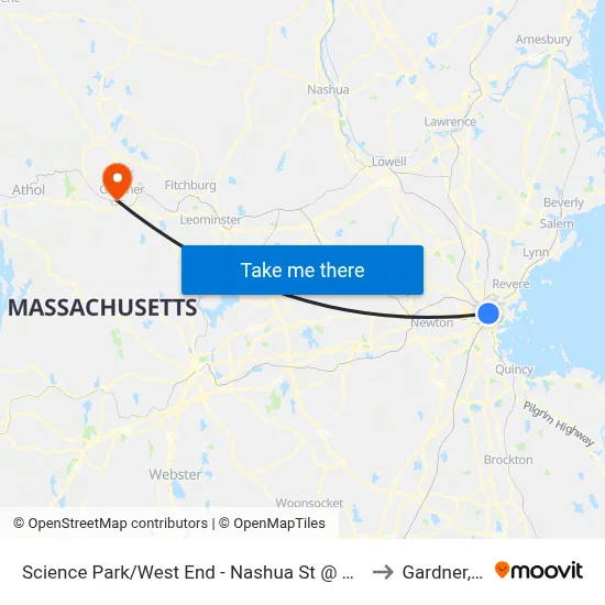 Science Park/West End - Nashua St @ Leverett Cir to Gardner, MA map
