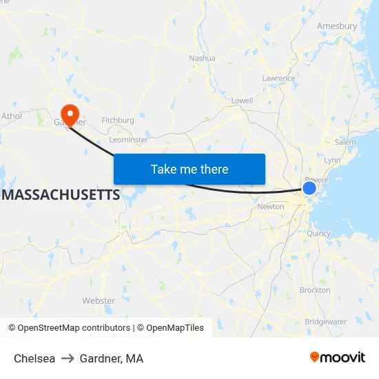 Chelsea to Gardner, MA map