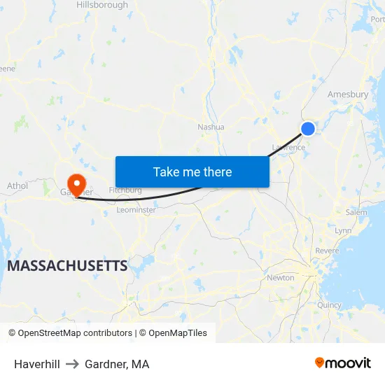 Haverhill to Gardner, MA map