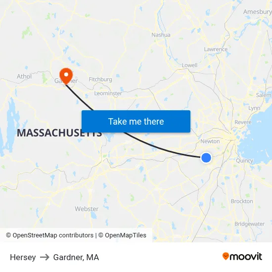 Hersey to Gardner, MA map