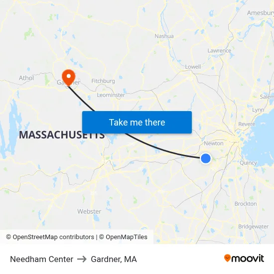 Needham Center to Gardner, MA map