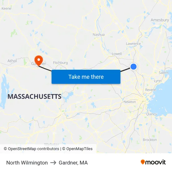 North Wilmington to Gardner, MA map