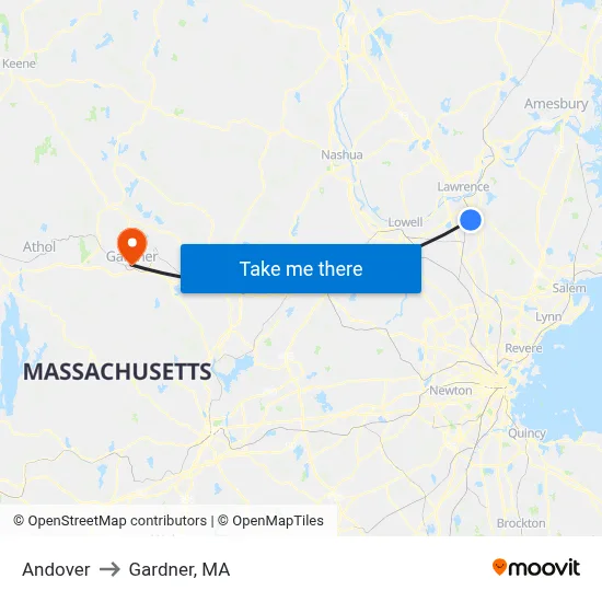 Andover to Gardner, MA map