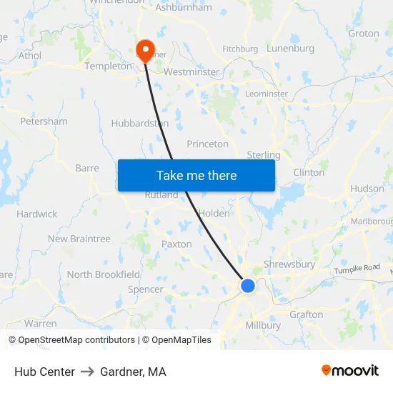 Hub Center to Gardner, MA map