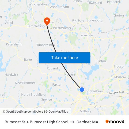 Burncoat St + Burncoat High School to Gardner, MA map