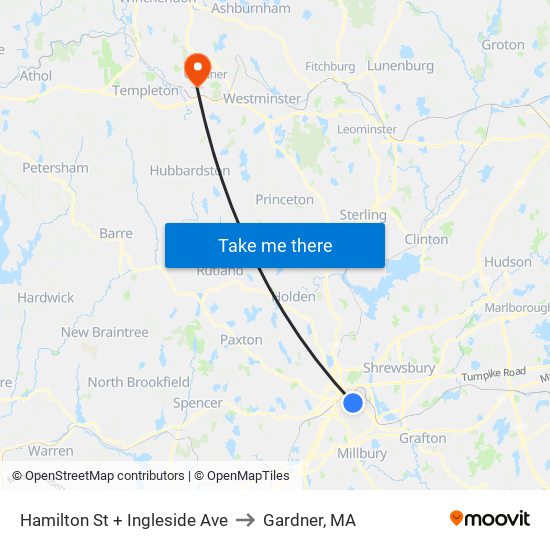 Hamilton St + Ingleside Ave to Gardner, MA map