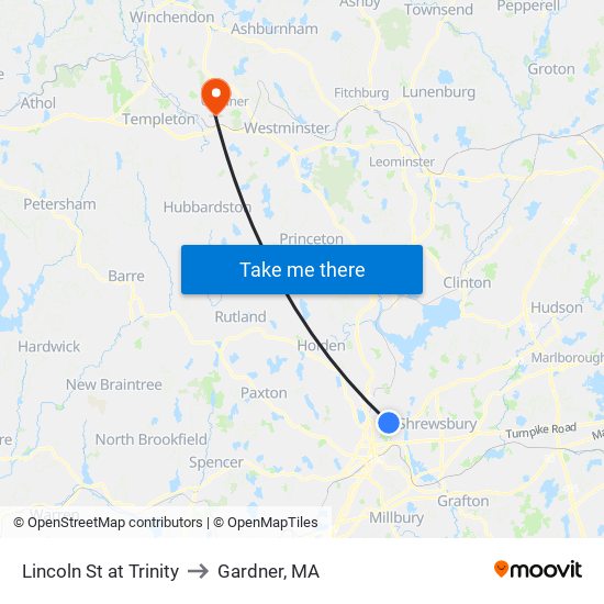 Lincoln St at Trinity to Gardner, MA map