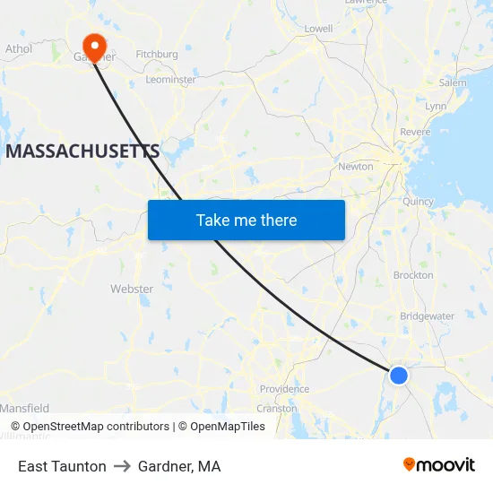 East Taunton to Gardner, MA map