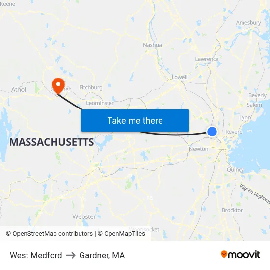 West Medford to Gardner, MA map