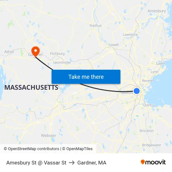 Amesbury St @ Vassar St to Gardner, MA map