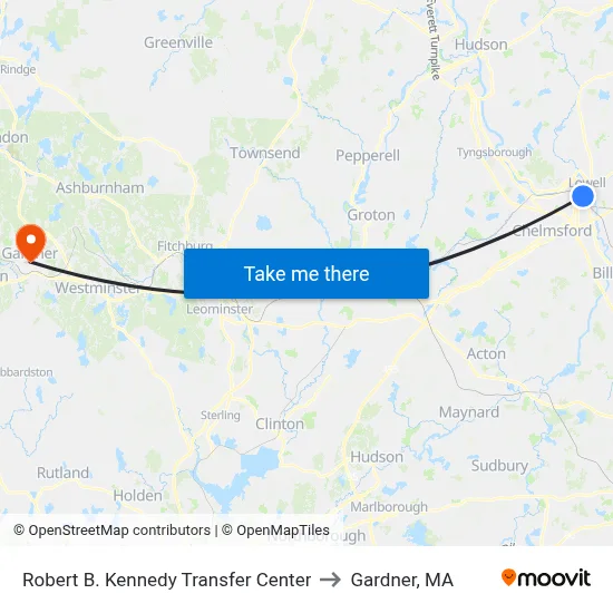 Robert B. Kennedy Transfer Center to Gardner, MA map