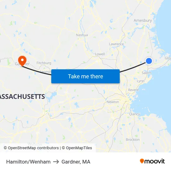 Hamilton/Wenham to Gardner, MA map
