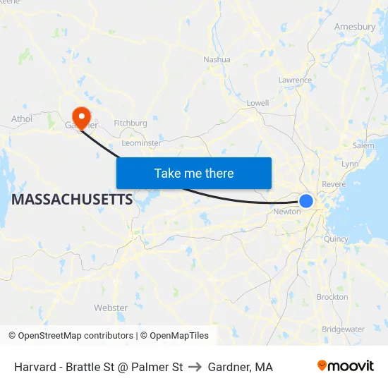 Harvard - Brattle St @ Palmer St to Gardner, MA map