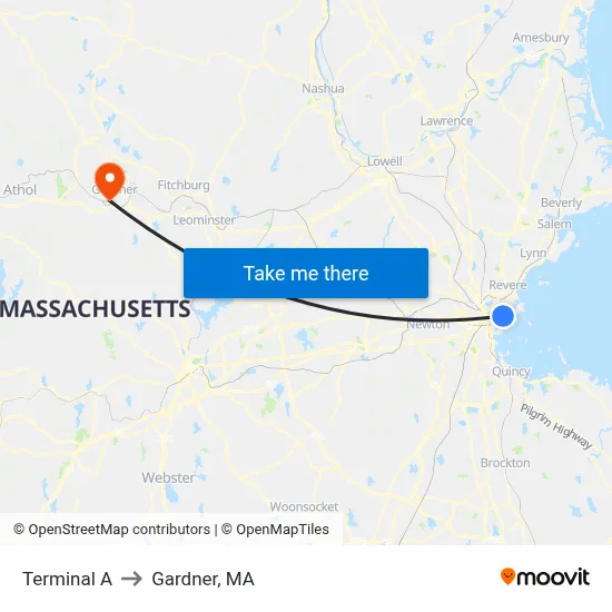 Terminal A to Gardner, MA map