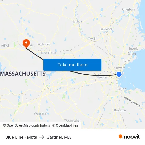 Blue Line - Mbta to Gardner, MA map