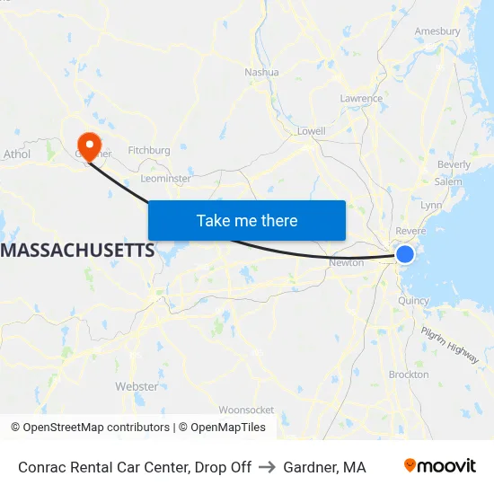 Conrac Rental Car Center, Drop Off to Gardner, MA map