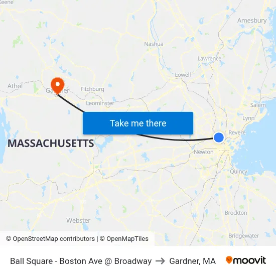 Ball Square - Boston Ave @ Broadway to Gardner, MA map