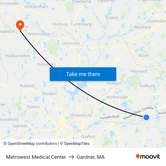 Metrowest Medical Center to Gardner, MA map