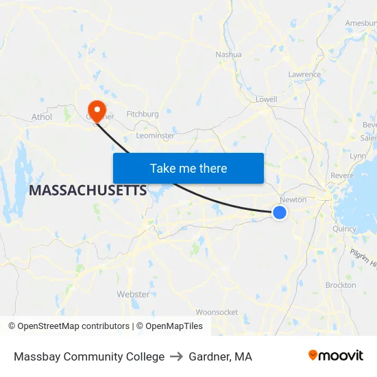 Massbay Community College to Gardner, MA map