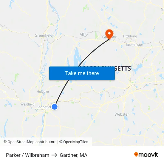 Parker / Wilbraham to Gardner, MA map