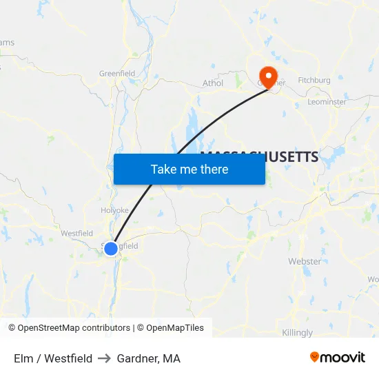 Elm / Westfield to Gardner, MA map