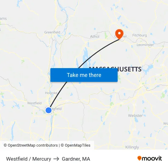 Westfield / Mercury to Gardner, MA map