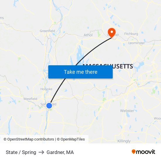 State / Spring to Gardner, MA map