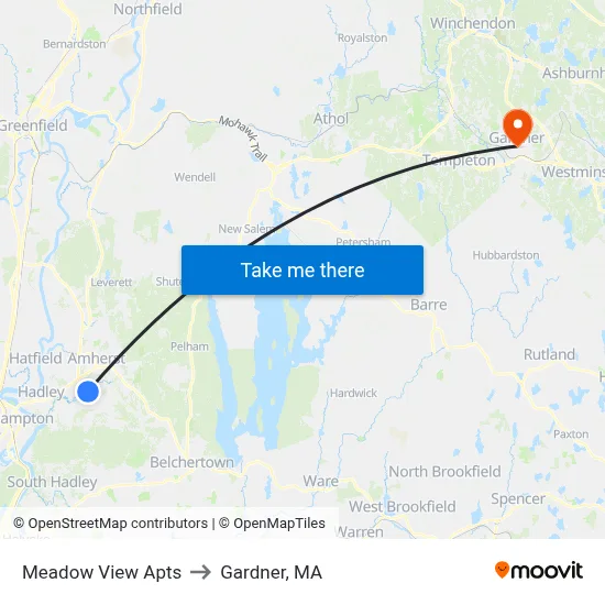 Meadow View Apts to Gardner, MA map