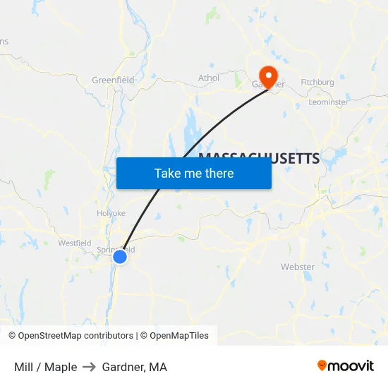 Mill / Maple to Gardner, MA map