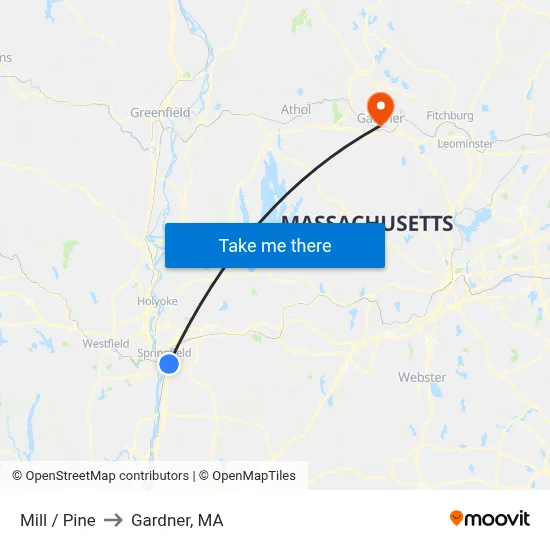 Mill / Pine to Gardner, MA map