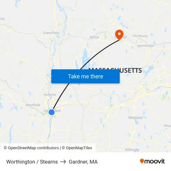 Worthington / Stearns to Gardner, MA map