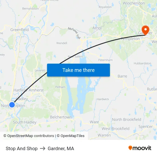 Stop And Shop to Gardner, MA map