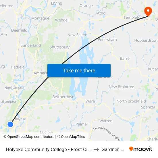 Holyoke Community College - Frost Circle to Gardner, MA map