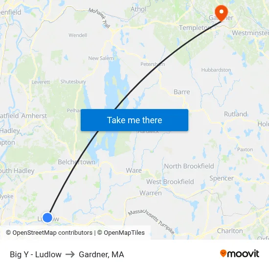 Big Y - Ludlow to Gardner, MA map