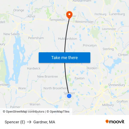 Spencer (E) to Gardner, MA map