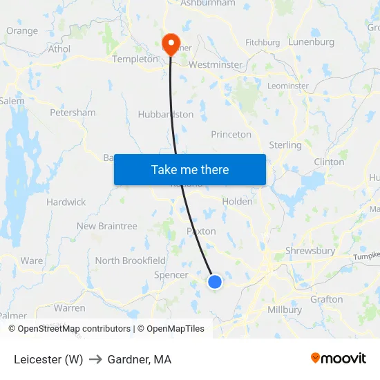 Leicester (W) to Gardner, MA map