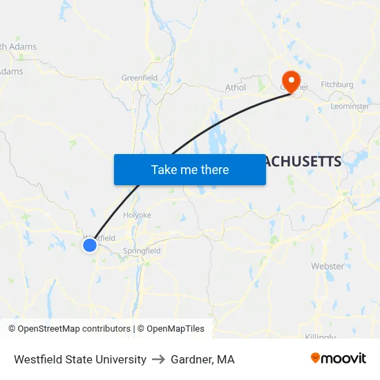 Westfield State University to Gardner, MA map