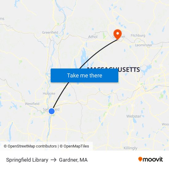 Springfield Library to Gardner, MA map