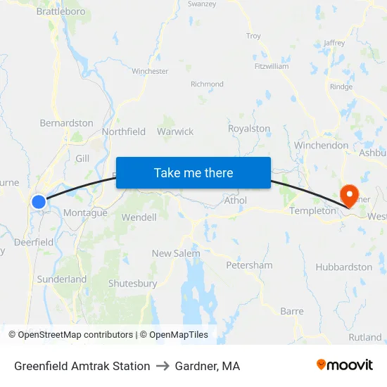 Greenfield Amtrak Station to Gardner, MA map