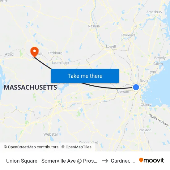 Union Square - Somerville Ave @ Prospect St to Gardner, MA map