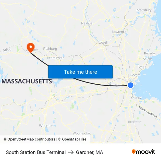 South Station Bus Terminal to Gardner, MA map